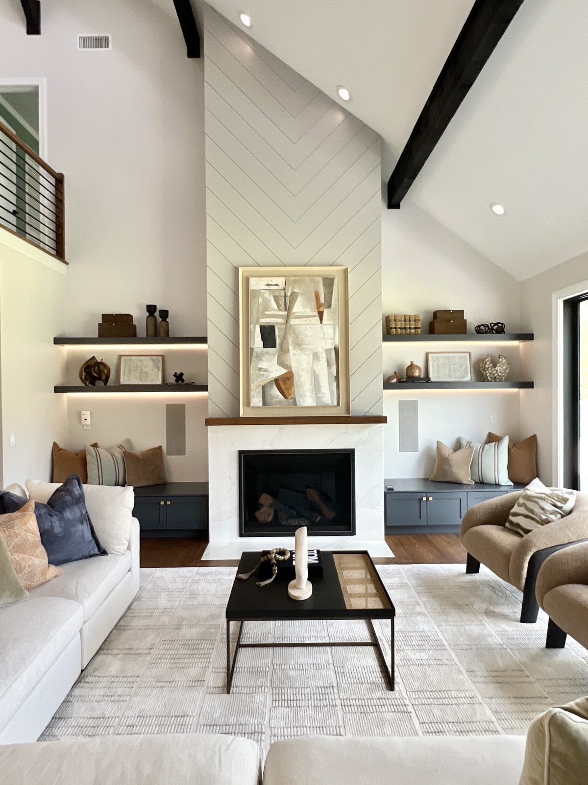 Bright great room with a vaulted ceiling, staged for a luxury Atlanta listing